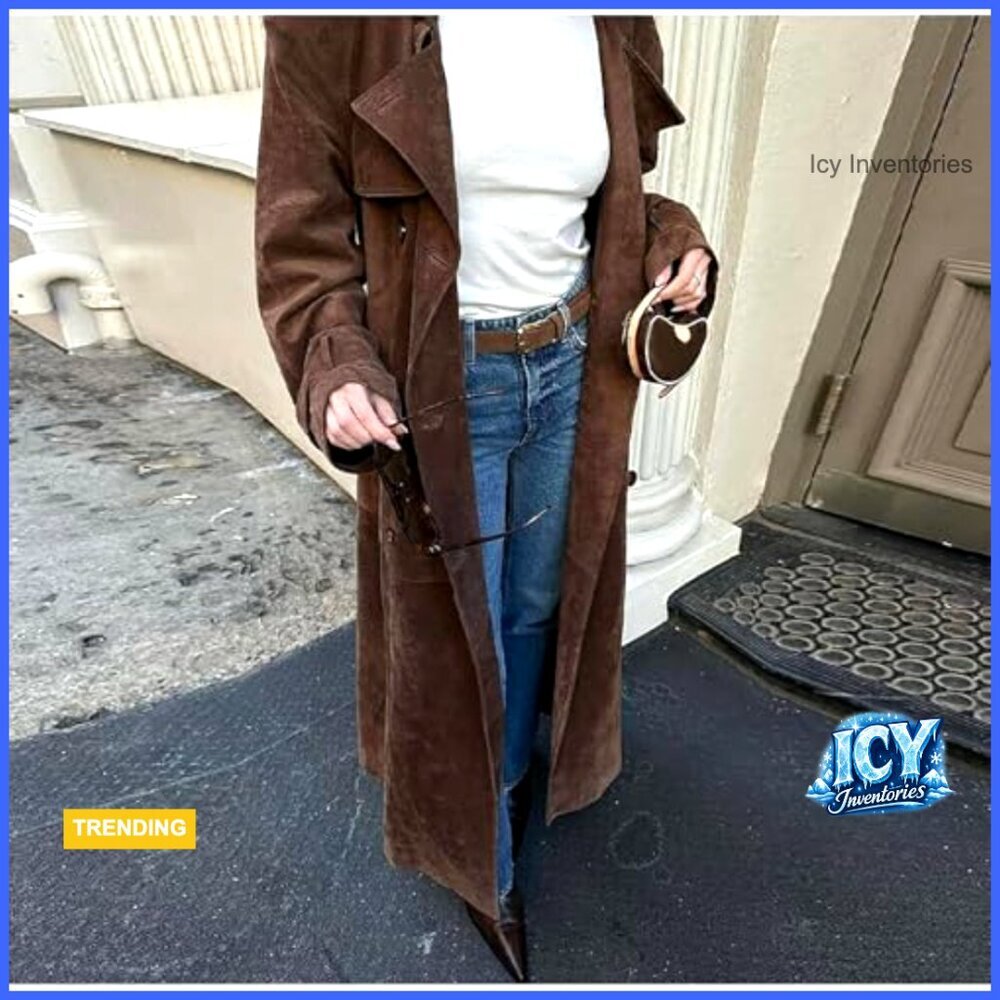 Faux Suede Long Trench Coat Notched Lapel Double Breasted Pea Coat with Belt - Picture 4 of 7
